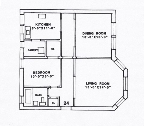 Floor plan for 1 bed, 1 bath, 800 sqft